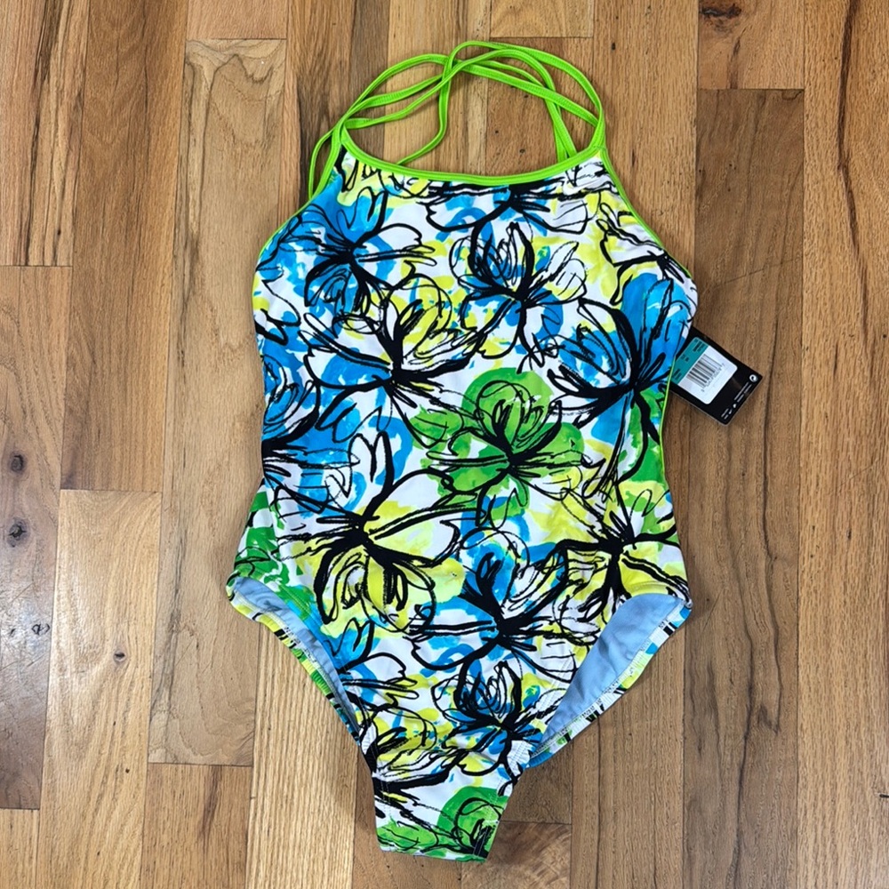 Nike swim team size 10 floral 36 green blue blacks women cut back
